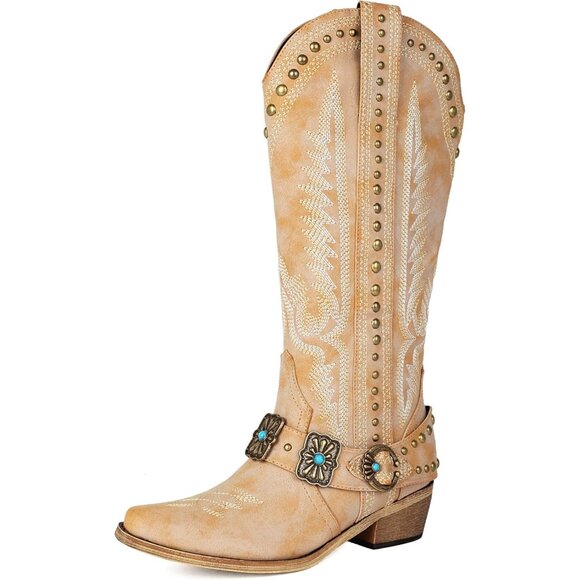 Shoes - Women's Metallic Buckle Turquoise Knee High Rubber Rivet Western Tan Boots